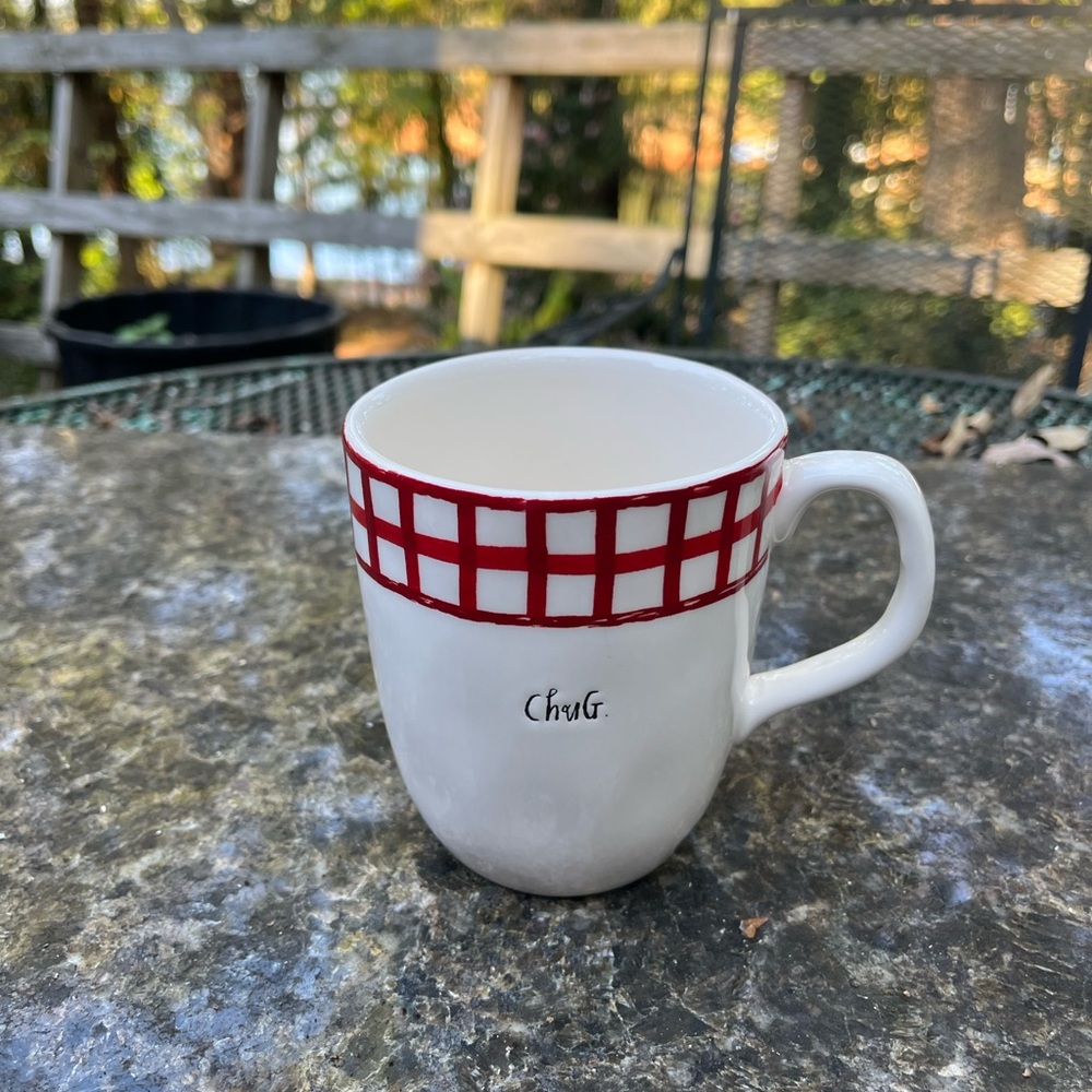 Rae Dunn Chug White Mug with Red Farmhouse Design